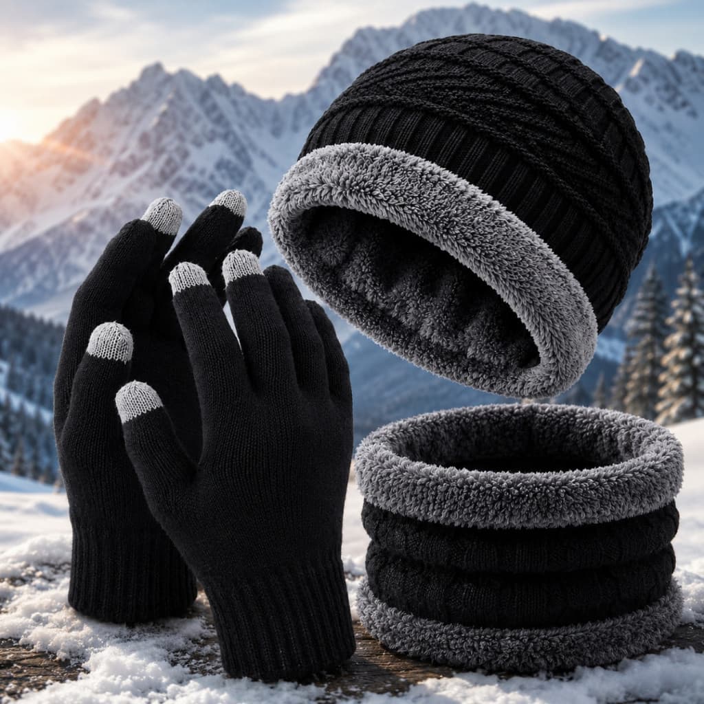 Kit Toca de Frio Touca Gorro + Luva de Frio Touch Screen + Cachecol Feminino Masculino Echarpe