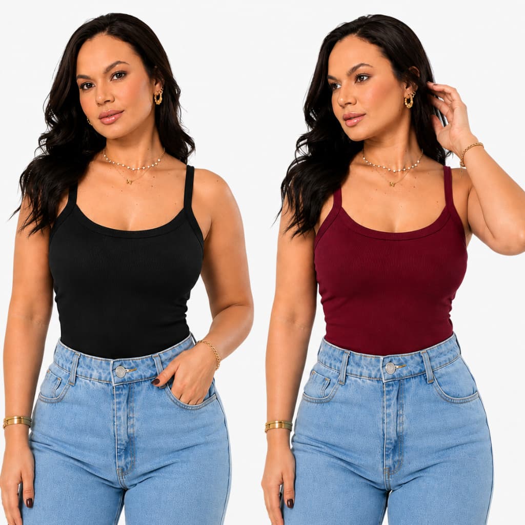 Kit 2 Blusa Regata Feminina Alça Canelada Algodão PREMIUM Ribana Blusinha Básica Trabalho Faculdade