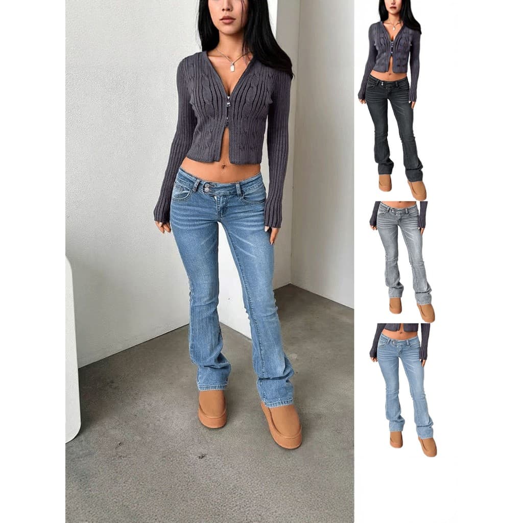 Calças jeans femininas de moda europeia e americana, calças compridas à boca de sino, estilo urbano, lavadas e desgastad