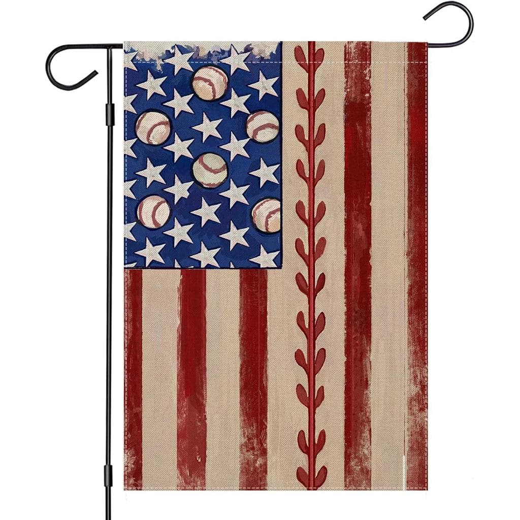 Bandeira de Jardim para o 4 de Julho, 12x18 Polegadas, Dupla Face, Bandeira Americana Retrô com Decoração de Beisebol pa