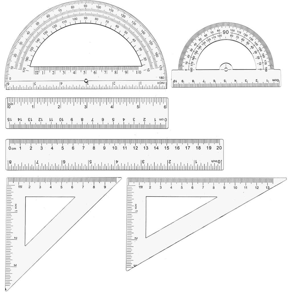 Conjunto de Geometria com 6 Peças, Régua Transparente de Plástico, Kit de Desenho Inclui Transferidor, Régua Reta, Régua
