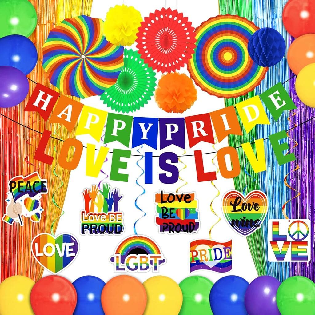 Conjunto de 34 Peças de Decorações de Orgulho para Festa Arco-Íris para Escritório - Mês do Orgulho, Faixa 'Amor É Amor'