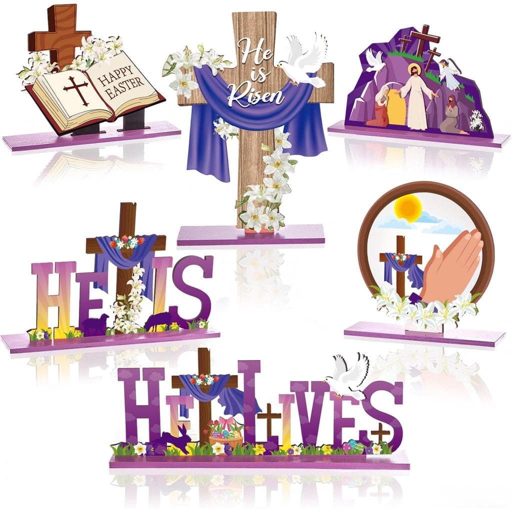 6 Pacotes de Decorações de Mesa de Páscoa, Decorações de Mesa "Ele Ressuscitou", Placas de Mesa de Madeira com Cruz de P