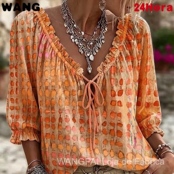 Camiseta Feminina com Estampa Abstrata Geométrica de Bolinhas, Decote em V com Babados e Cordão Ajustável