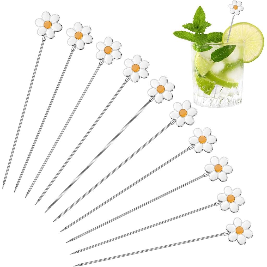Qinyoung 10 Peças Palitos de Coquetel de Metal em Forma de Margarida 4,7 Polegadas, Palitos de Metal para Aperitivos, Sa
