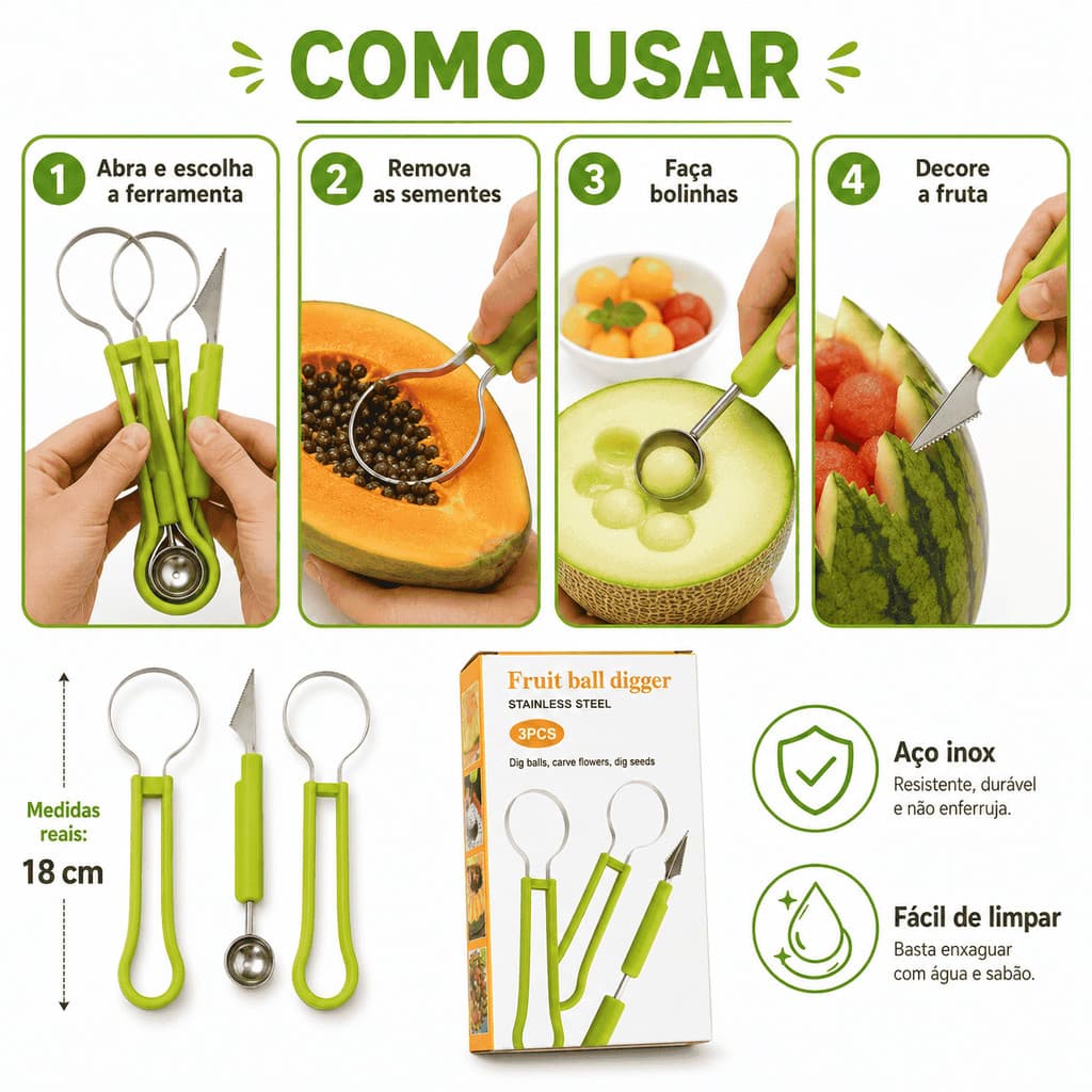 Kit Boleador De Frutas E Cortador Decorador Melancia 3pçs
