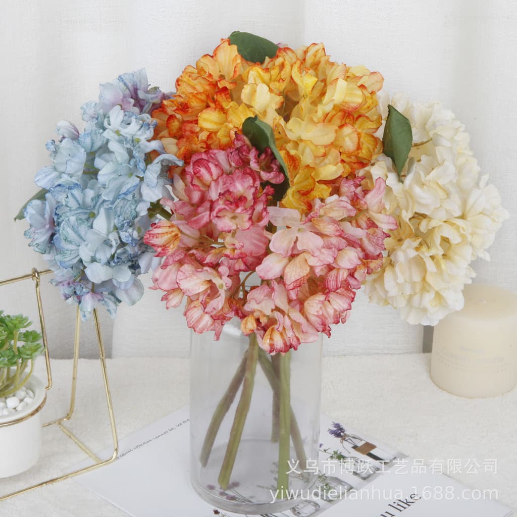 Flores artificiais novo estilo hortênsia artificial borda queimada Retro hortênsia flores artificiais decoração para cas