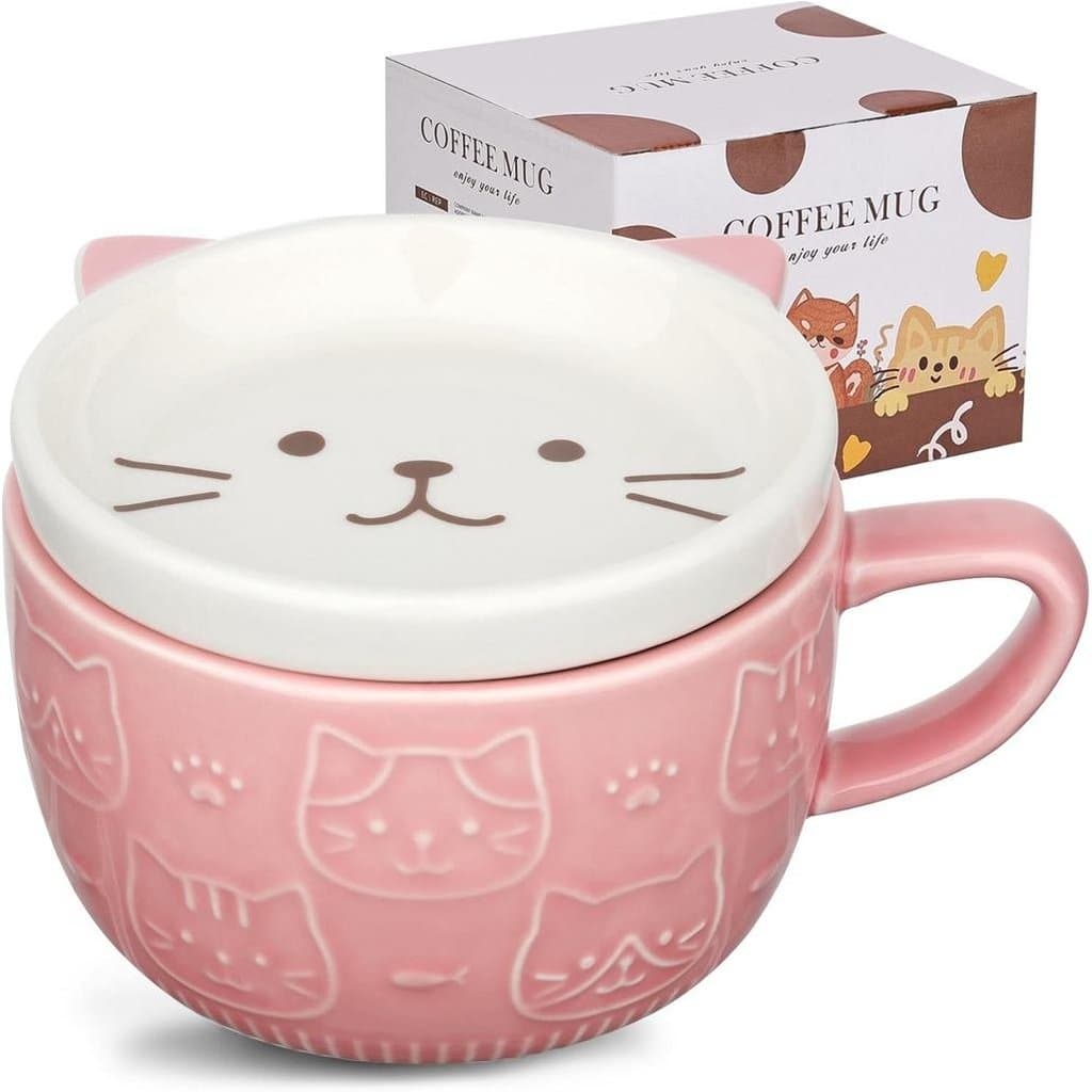 Caneca de Café de Cerâmica com Tampa em Forma de, Presente para Amantes de Gatos, Rosa |   Canecas de Café ou Chá K