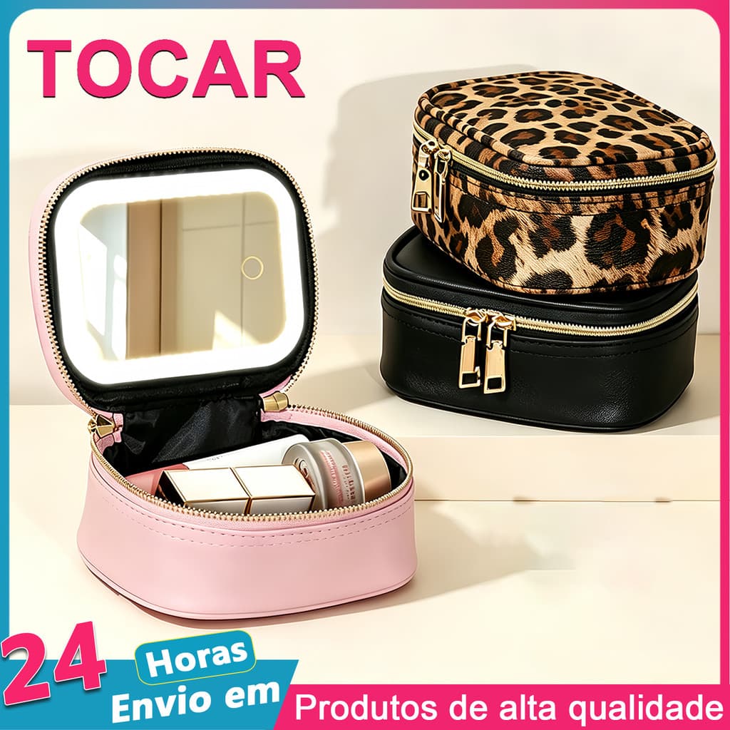 Bolsa Maleta Maquiagem Profissional Com Espelho LED 3 Tons De Luz Organizadora Cosméticos Para Viagem
