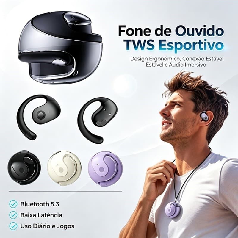 Fones de ouvido sem fio bluetooth, ergonomia suporte a fixação sobre orelha e resistência quedas Airer