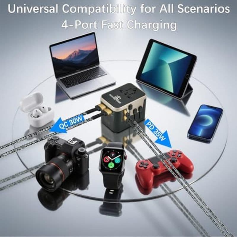 Adaptador de viagem Global de 35 W Carregador rápido Plugue de parede internacional 4 em 1 com 2 portas USB-A e 2 USB-C,