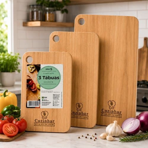 Conjunto Tábua Corte Madeira 3 Peças Cozinha Resistente Durável