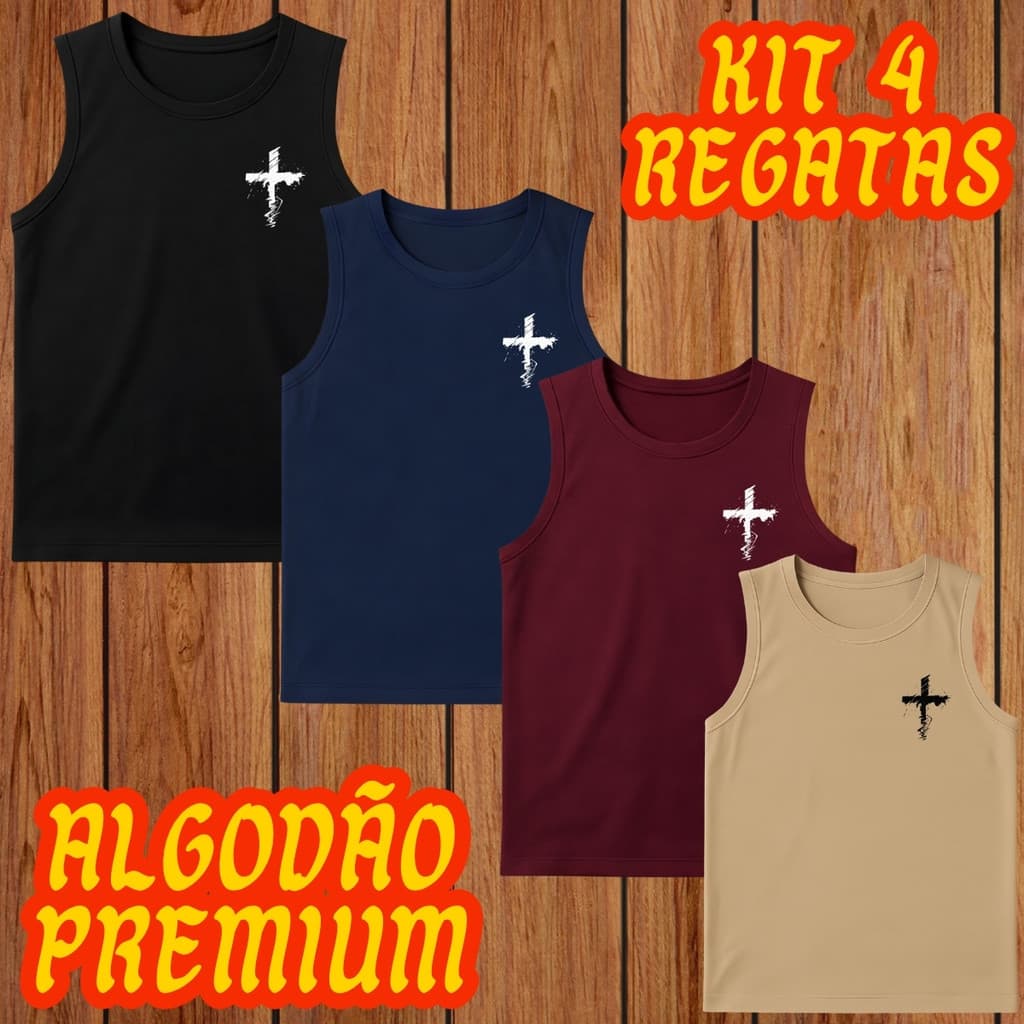 kit 4 Regatas Masculina Cavada CRUZ RISCADA Algodão Leve e Confortavel