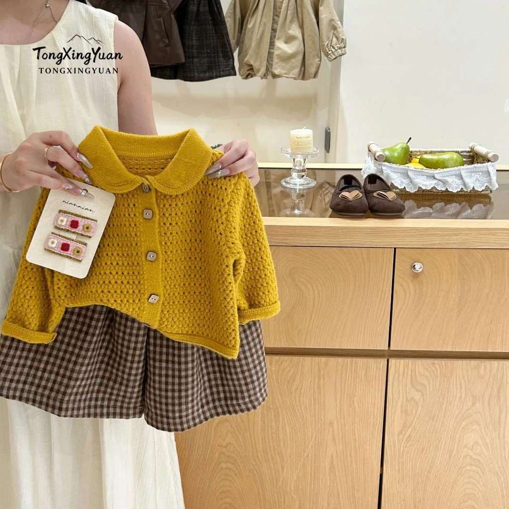 Meninas outono terno versão coreana bebê malha oco Cardigan camisola exterior calças de perna larga terno de duas peças