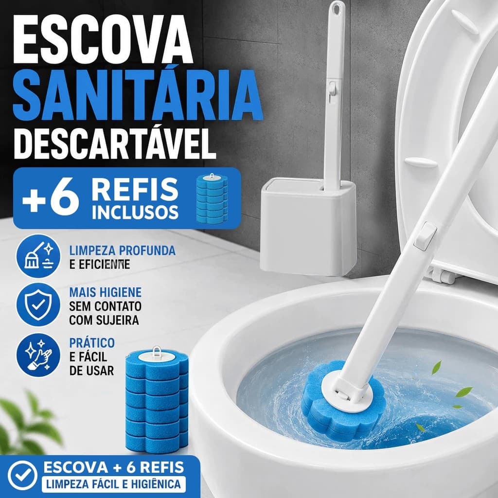 Kit Completo Escova Sanitária Descartável com Cabo e Base | 6 Refis