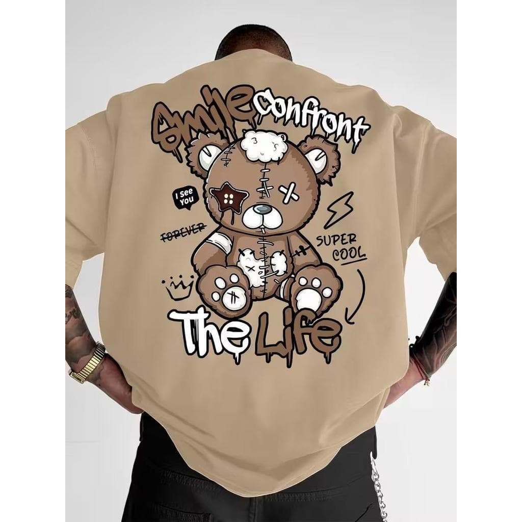 Camiseta Masculina Algodão Premium Adulto Plus Size Infantil Streetwear Urso Smile Marrom NEW Confort Life Face Cartoon