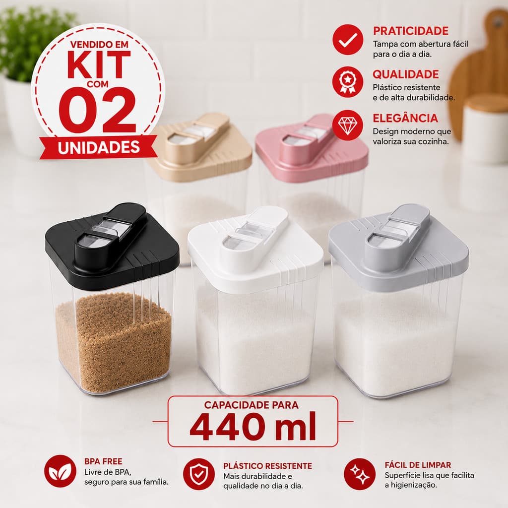 KIT 02 Açucareiro / Farinheira com Tampa Kit 2 Unidades – Preto/Branco/Bege/Rosa/Cinza – Cozinha Prática e Organizada