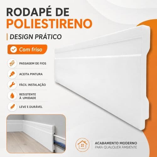 Kit 6 Unidades Rodapé Poliestireno Branco Friso 10cm x 1m | Durável Elegante Melhor Acabamento