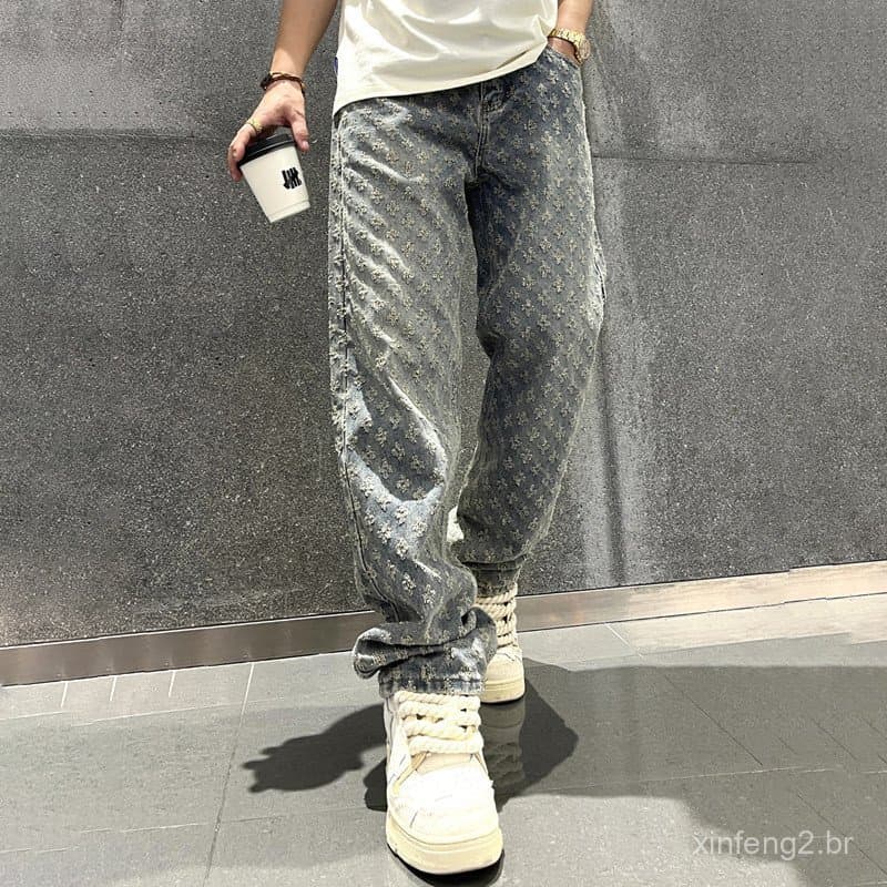 Calças Jeans Masculinas com Estampa Jacquard, Corte Reto e Largo com Efeito Desgastado para Homens SBJS