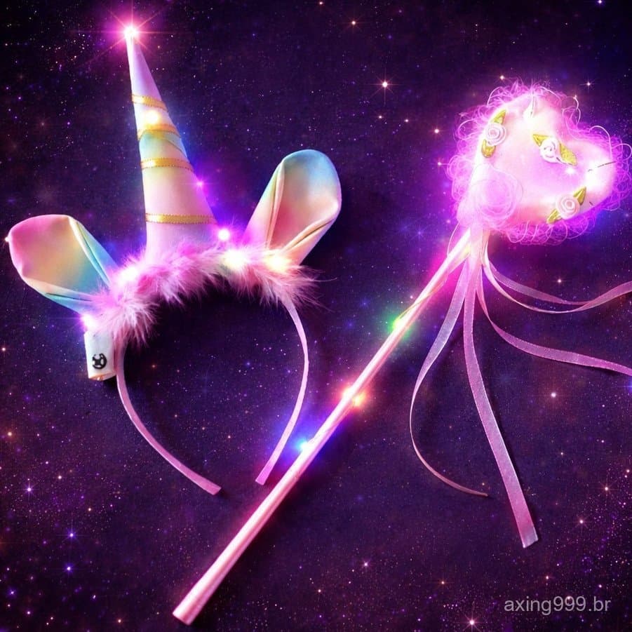 Kit Tiara LED Unicórnio Varinha Mágica Led Brilhante Arquinho Chifre Acessório Fantasia Princesas