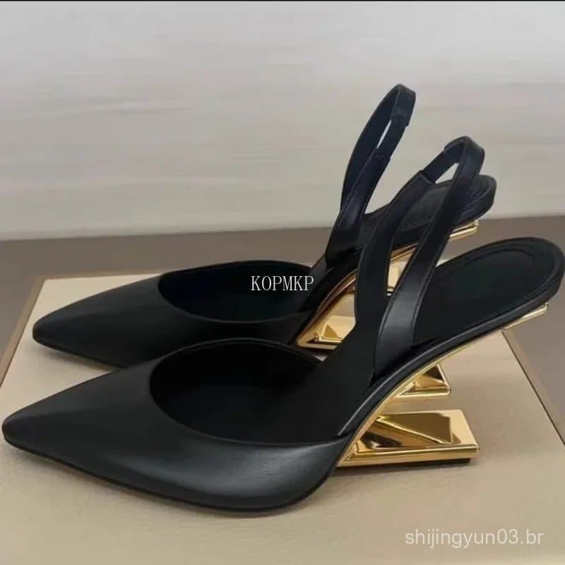 Sandálias de Couro Femininas, Salto Alto de Metal, Sapatos de Bico Fino, Verão, Moda RWQH