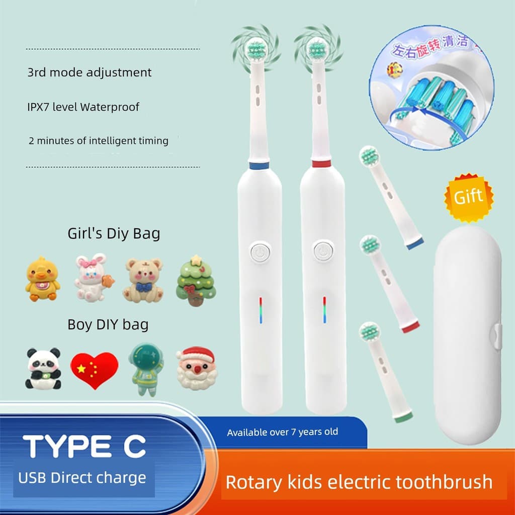 Escova de dentes elétrica rotativa para crianças, recarregável por USB, escova de dentes automática para estudantes, 3 v