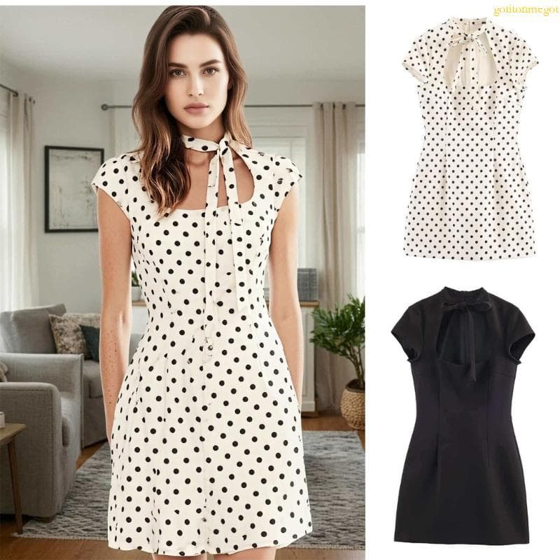 gotitonmegot Elegante Dot Oco Frente Vestido Curta Para Escritório Wear Verão Casual Polié