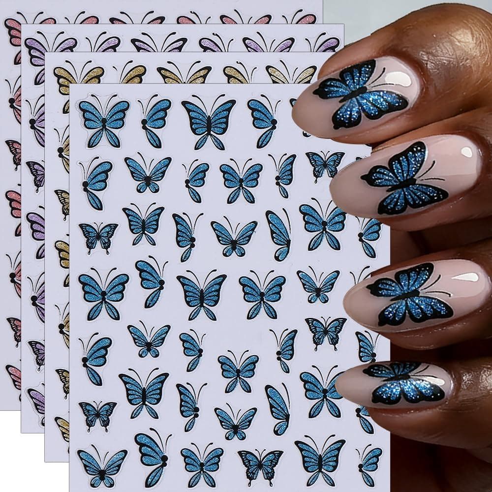 Adesivos de Unha Borboleta, Adesivos de Arte de Unha de Primavera, Decalques de Unha 3D com Glitter, 4 Peças, Adesivos A