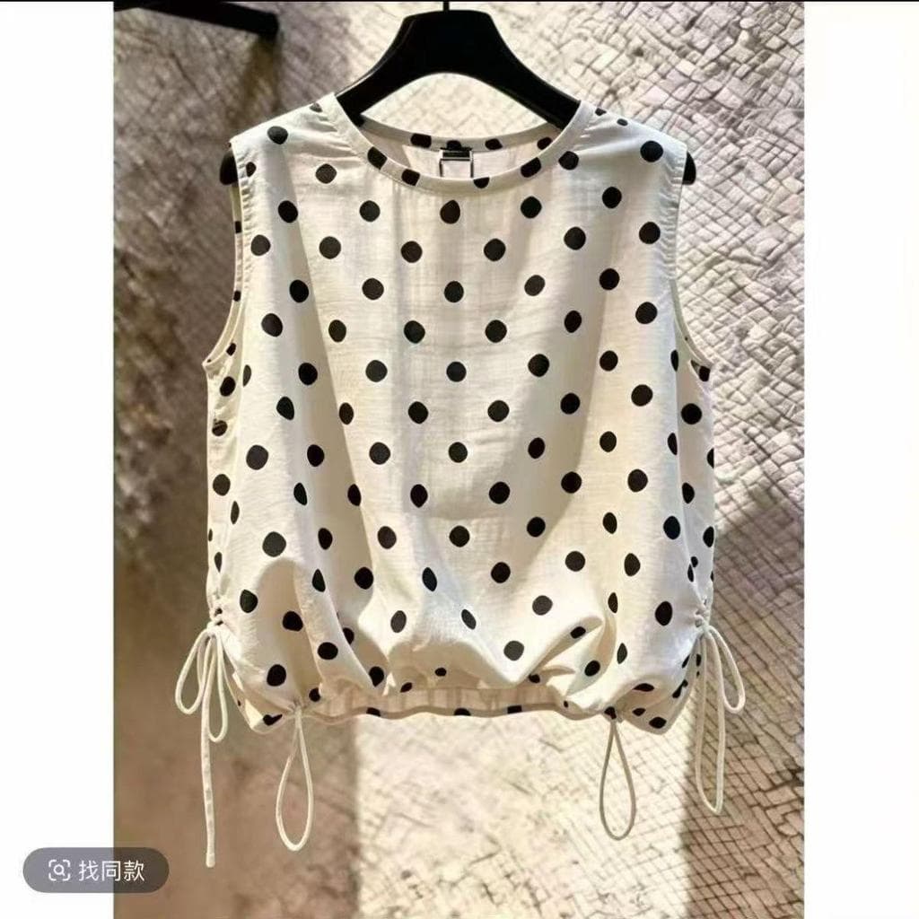 [Seckill por tempo limitado] Colete retrô de bolinhas com gola redonda, sem mangas, estilo fino de verão com cordão, cin