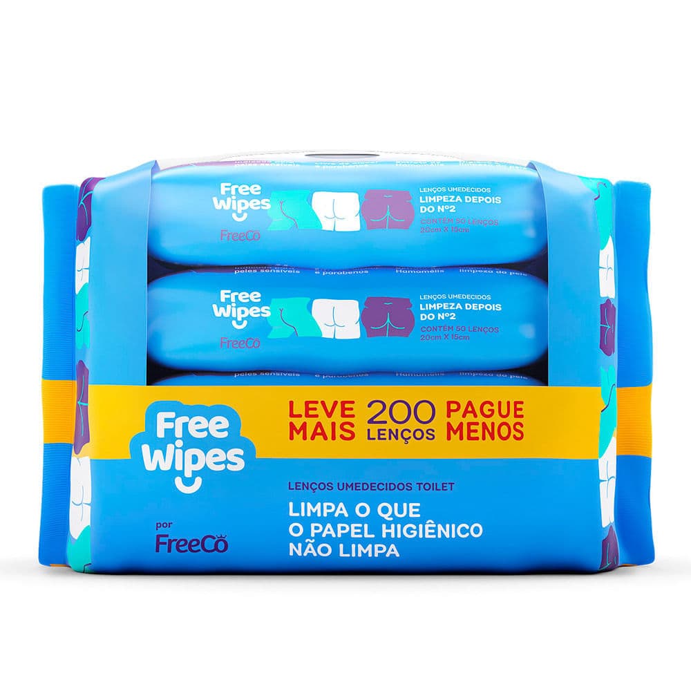 Lenços Umedecidos Free Wipes FreeCô Limpeza para o Nº2 200 Unidades Leve Mais Por Menos