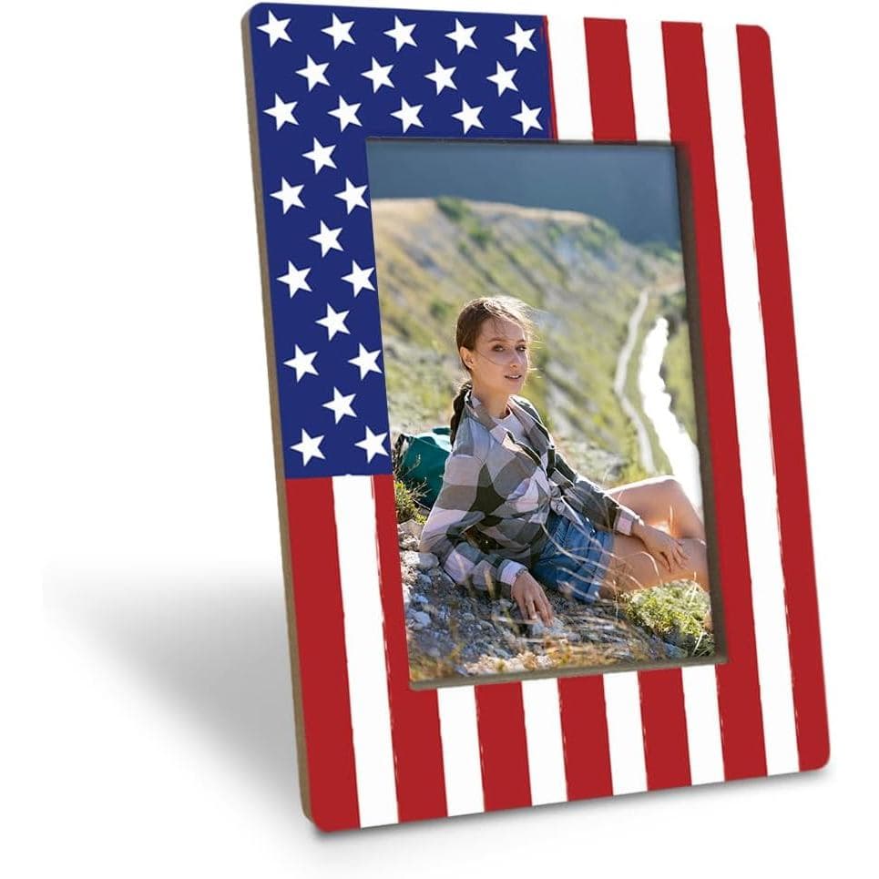 Porta-retratos de madeira com a bandeira patriótica americana, porta-retratos de madeira para o Dia da Independência, po
