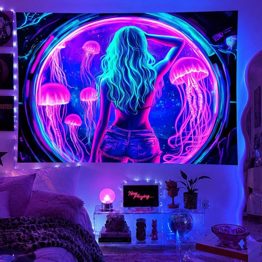 BlissYard Tapeçaria de Água-Viva Reativa à Luz Negra, Decoração de Parede Neon Brilhante, Decoração Psicodélica de Ficçã