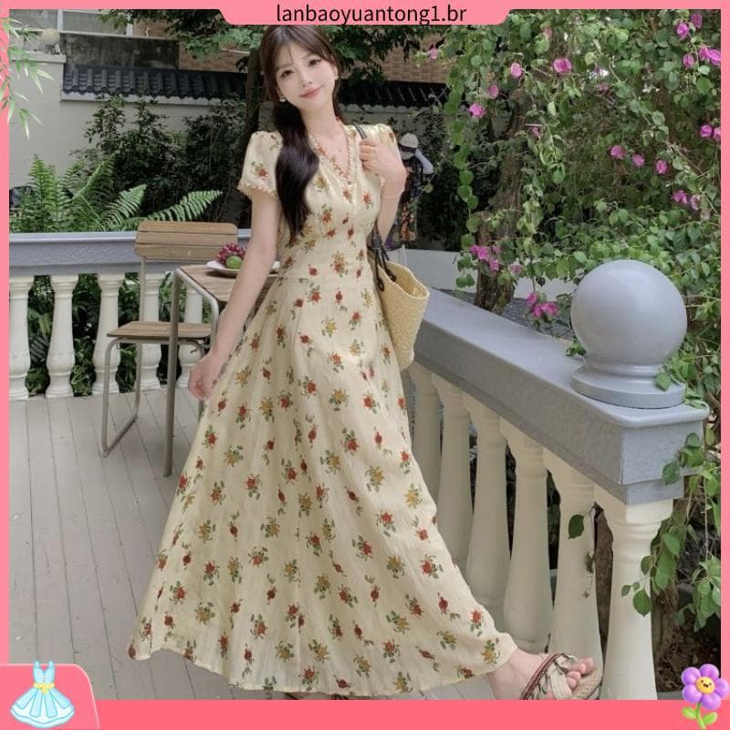 Verão novo estilo amarrado cintura estreita Floral vestido de manga curta cobrindo barriga mais magro olhar bordado V @-
