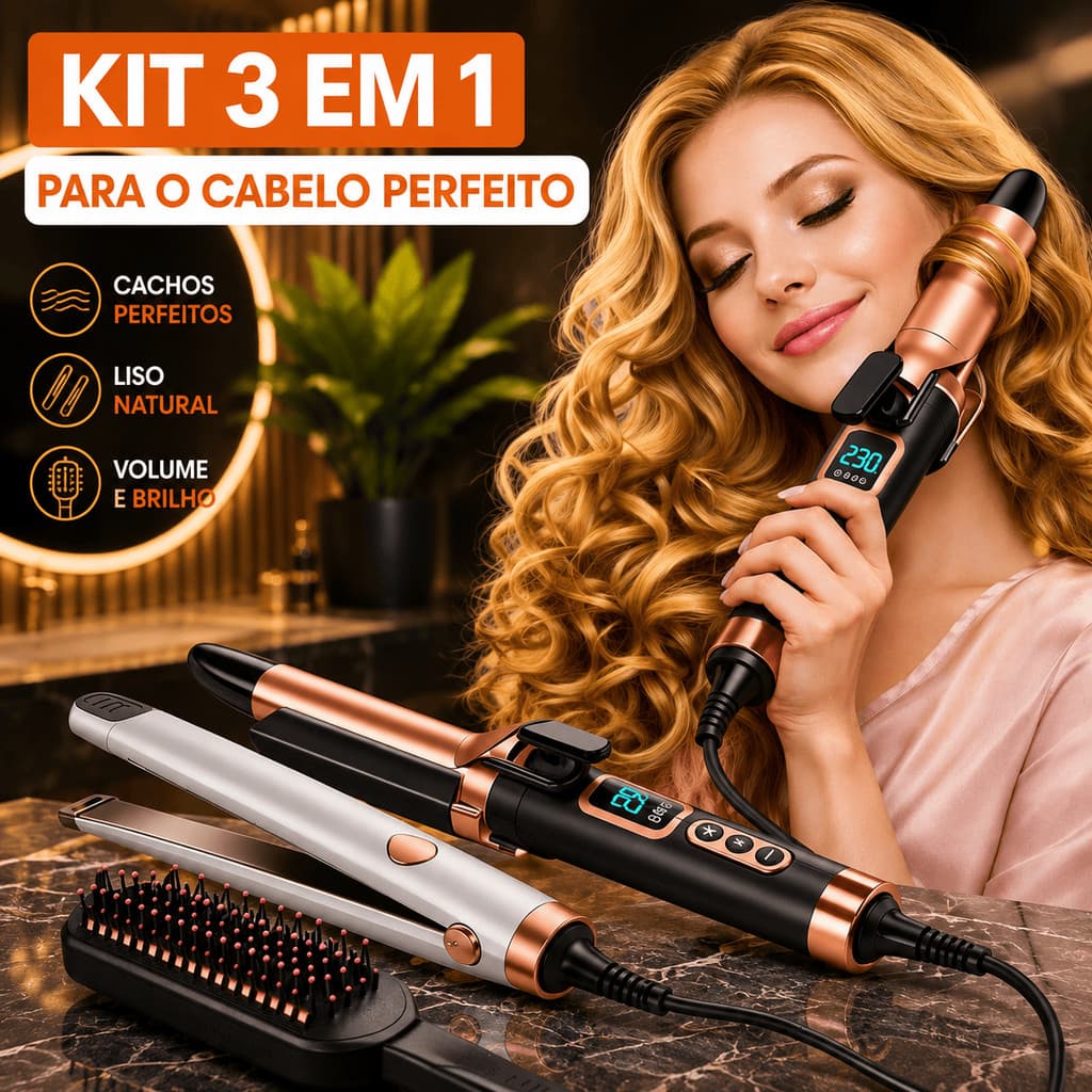 Combo Beleza 3 Em 1 Prancha Alisadora Escova Rotativa Babyliss Modelador Cabelo Antifrizz Placas Cerâmica Revestida Top