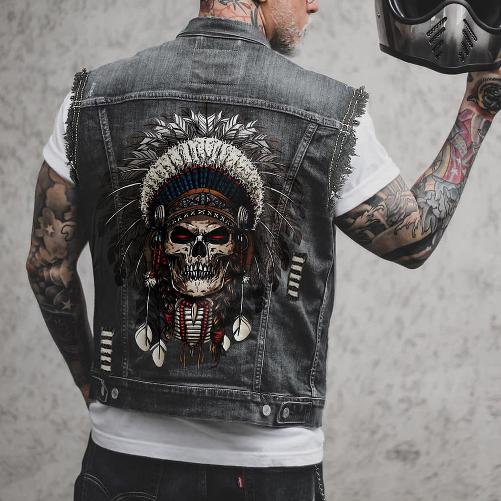 Estilo Da Motocicleta Ao Ar Livre Streetwear Colete Masculino Impresso Denim Sem Mangas Botão Frente Casual Ves