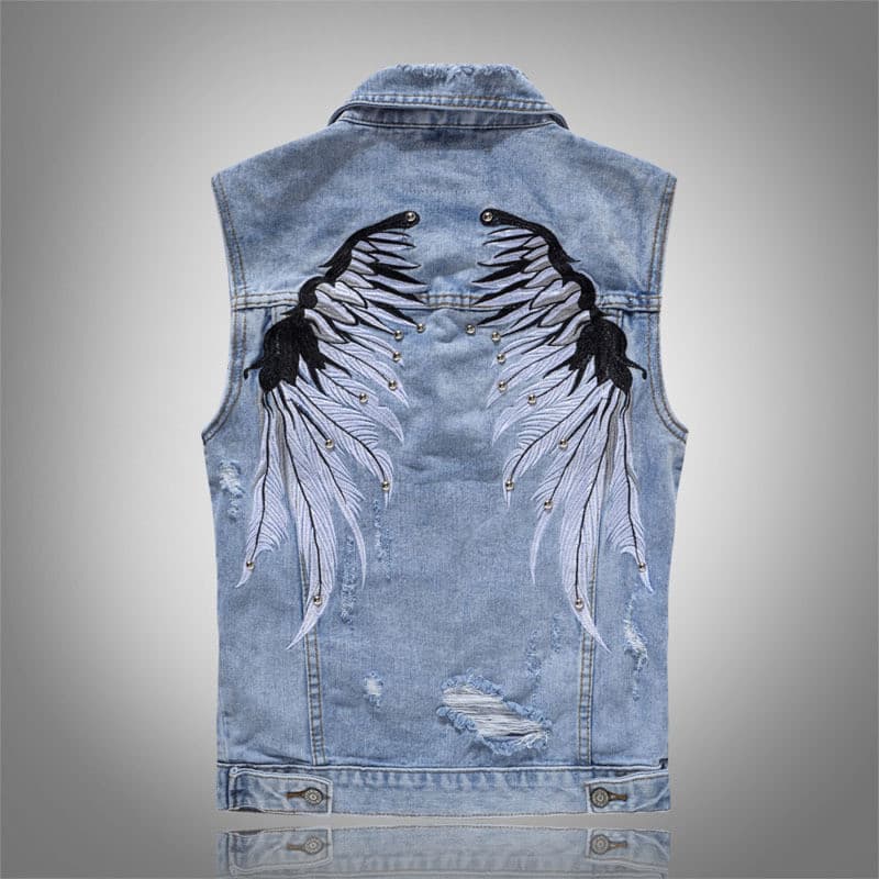 Colete Jeans Azul Masculino Sem Mangas Com Botão Frontal Casual Detalhe De Rebite Bordado Ao Ar Livre Top De Camadas Diá