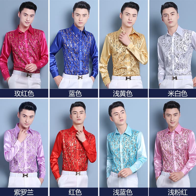 Camisa colorida de lantejoulas para performance em palco, camisa masculina quadrada para dança, coro, performance, anfit