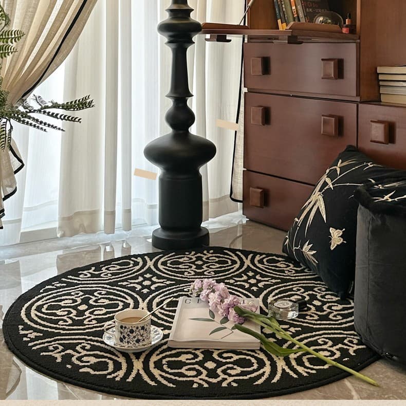 Francês Retro preto branco encaracolado grama padrão tapete redondo sala de estar mesa de café penteadeira engrossado An