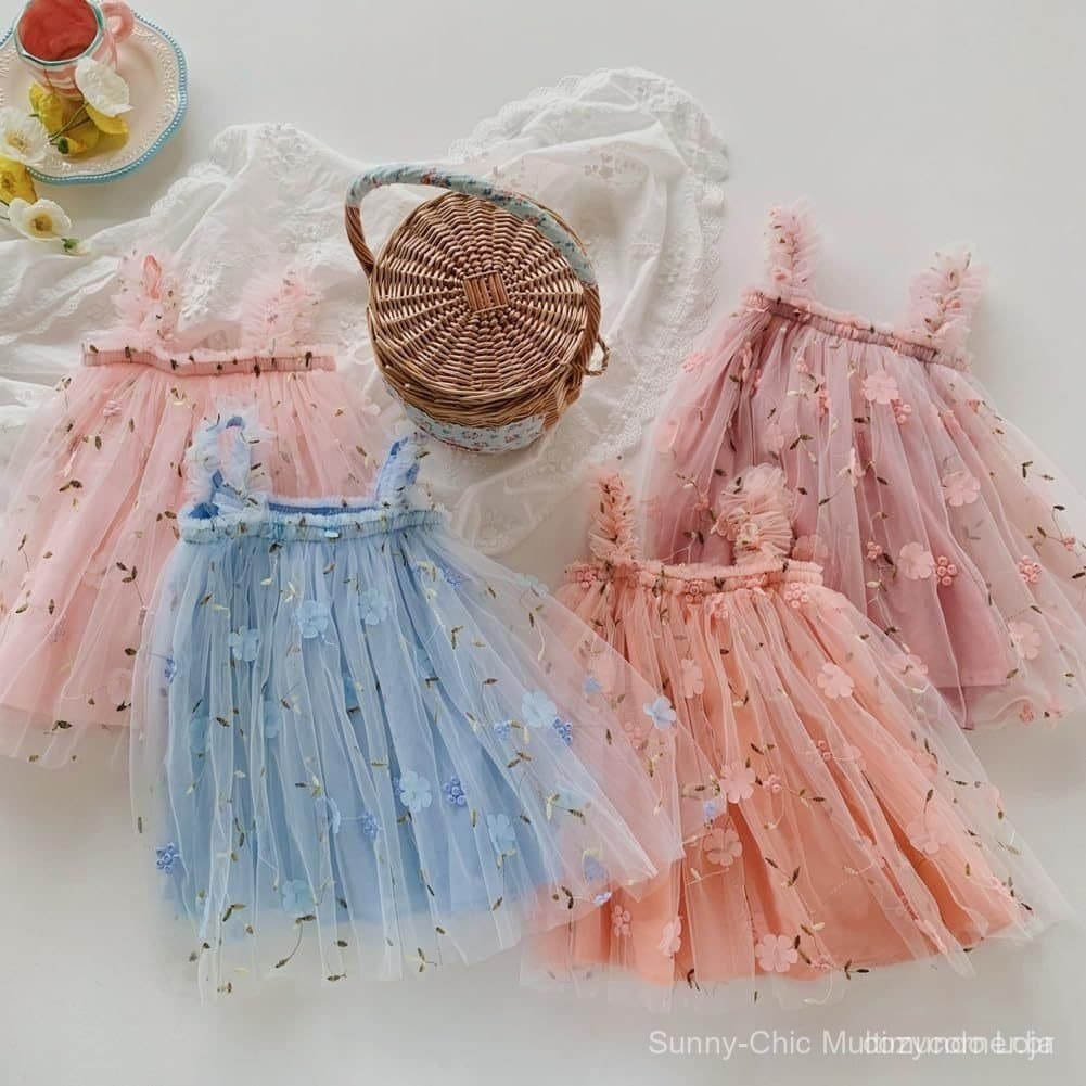 0-6 Anos Meninas Saia Suspensa com Patch Bordado Pequena Flor Vestido Doce de Princesa