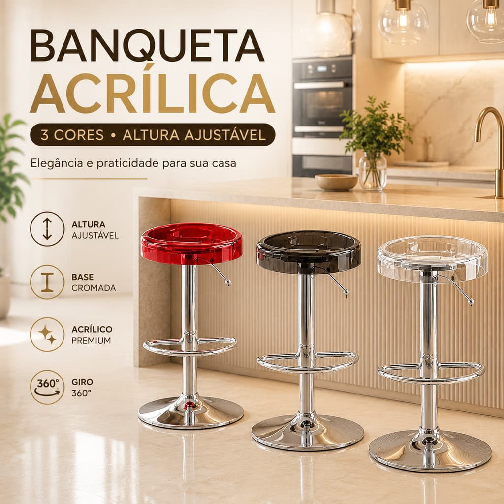 Banqueta Luxo Acrílica Giratória Ajustável, Banco Decorativo Elegante Para Ambiente Residencial