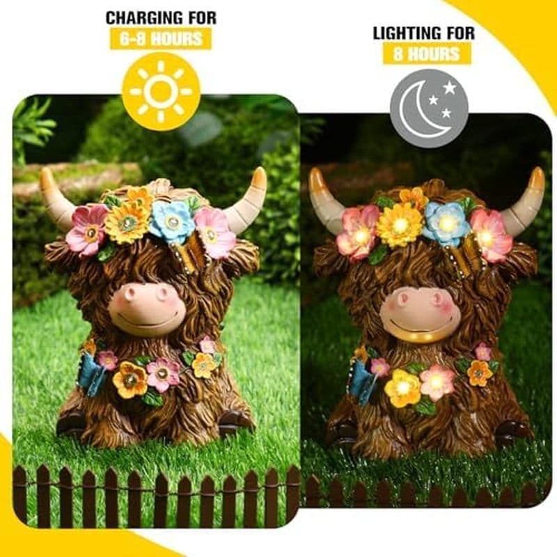 Conjunto de 2 peças Colingmill Highland Cow Luz solar Primavera Páscoa Highland Vaca Jardim Estátua de resina com decora