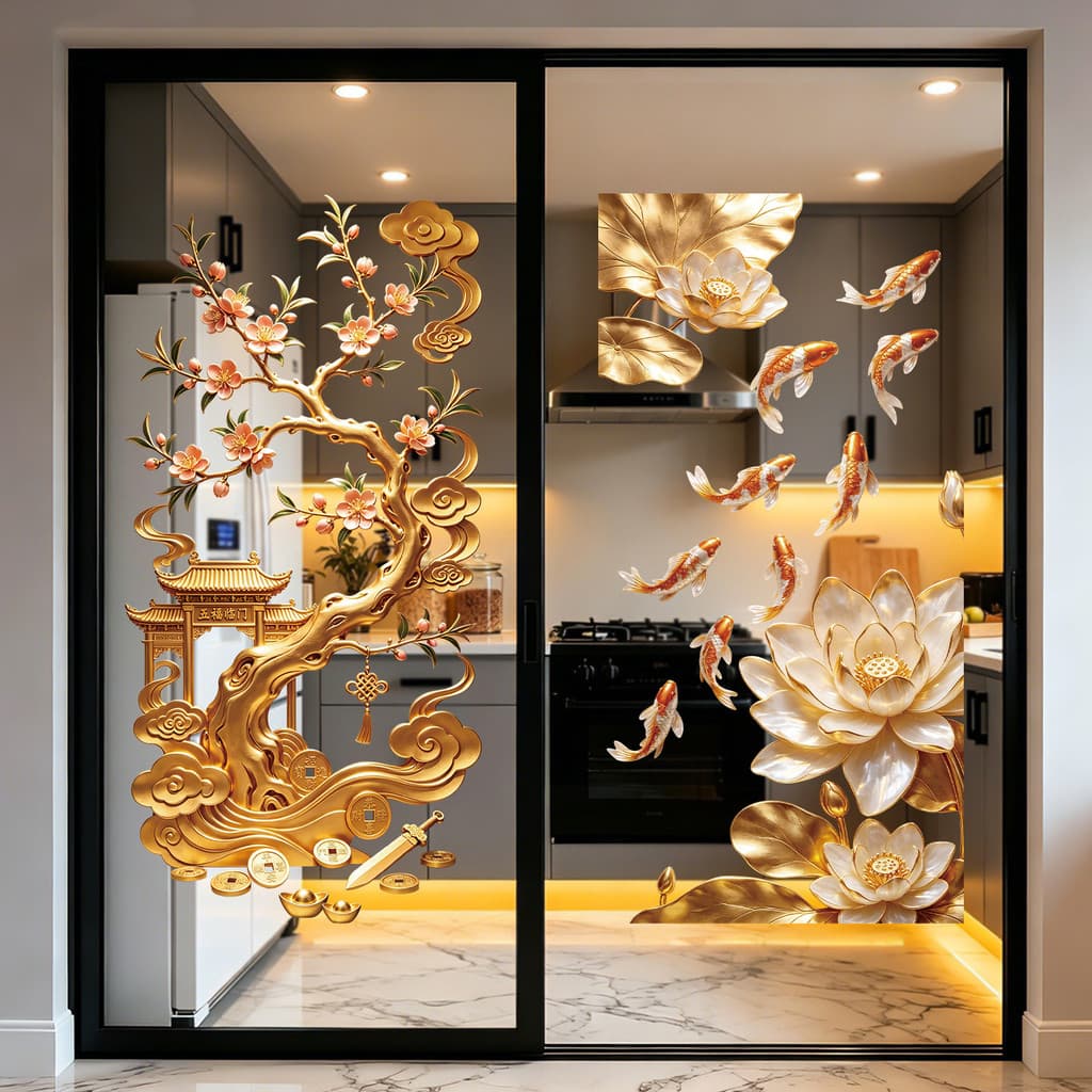 Adesivos de Vidro com Peixes Koi Dourados e Flores de Lótus para Cozinha e Banheiro, Adesivos Estáticos para Portas de B