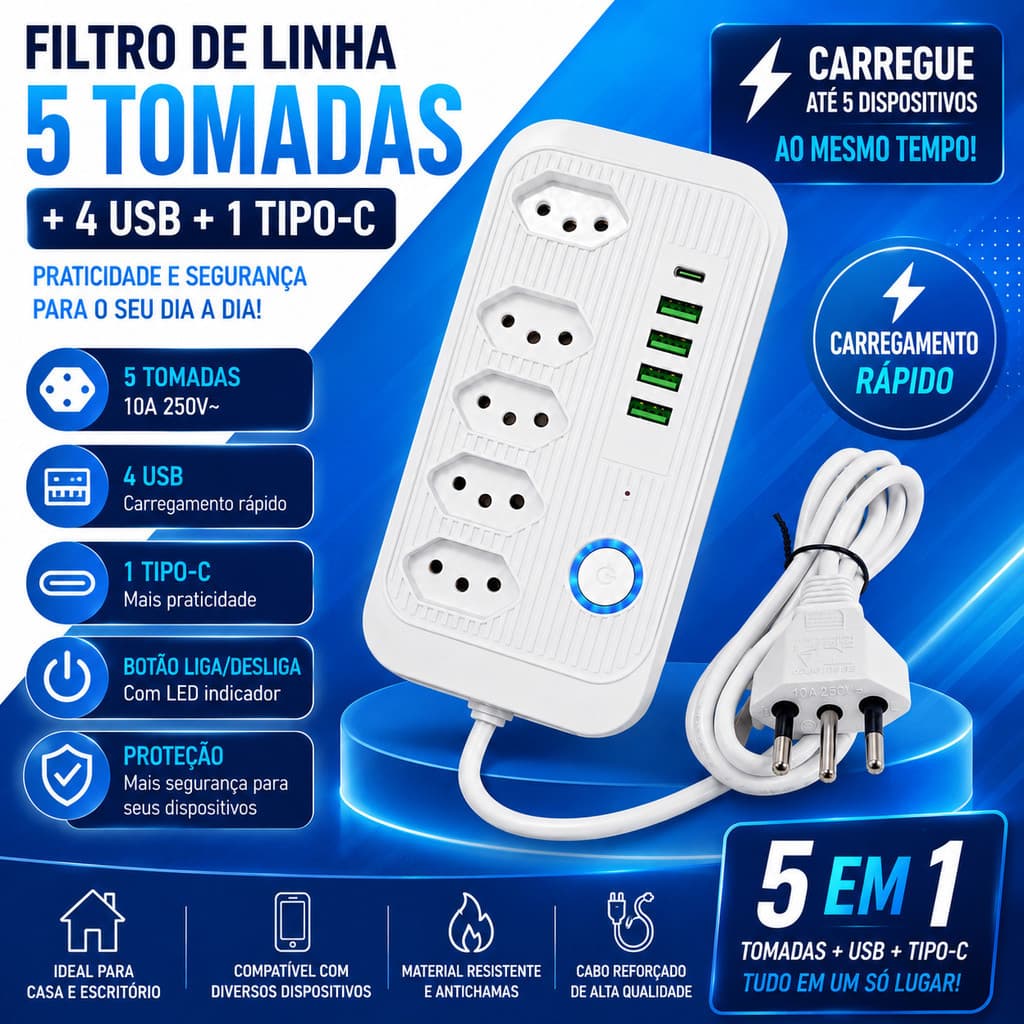 Régua de Energia 5 Tomadas + 4 USB + 1 USB-C Com Proteção e LED Filtro de linha