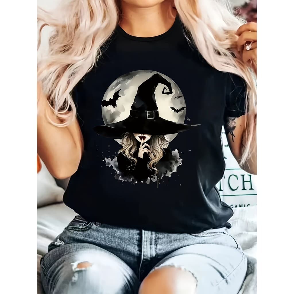 Camiseta Feminina Halloween Bruxa Mágica Chapéu Morcegos 100% Algodão