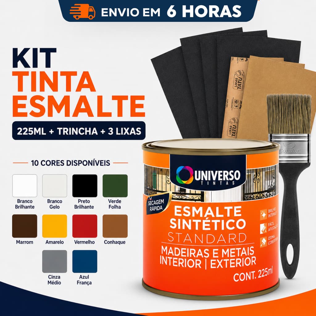 Kit Pintura Tinta Esmalte Sintetico 225ml Universo 3 Lixas Trincha Pincel Madeira Ferro Portão