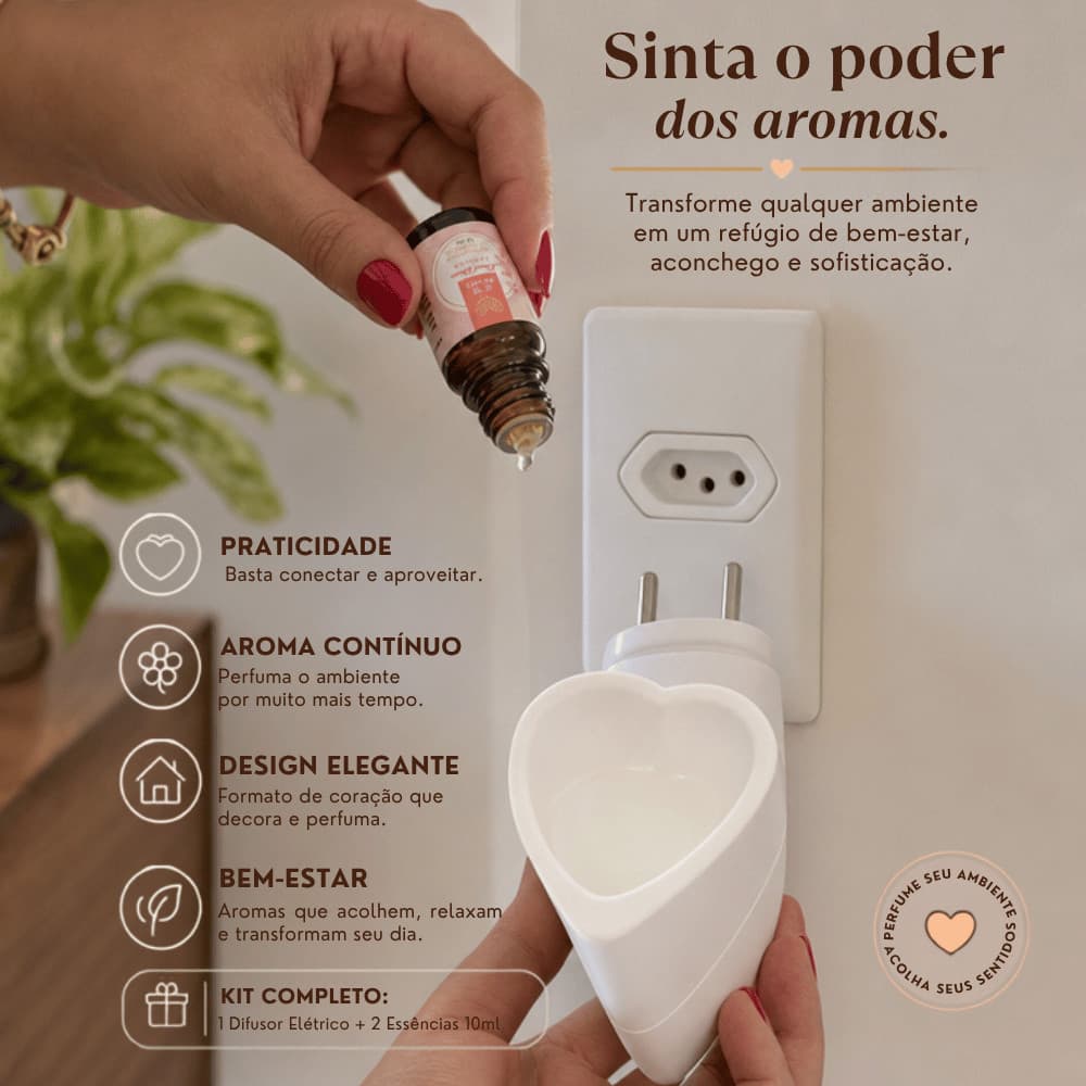 Kit Difusor Aromatizador Elétrico Coração + 2 Essências Love Aromas Bivolt Branco