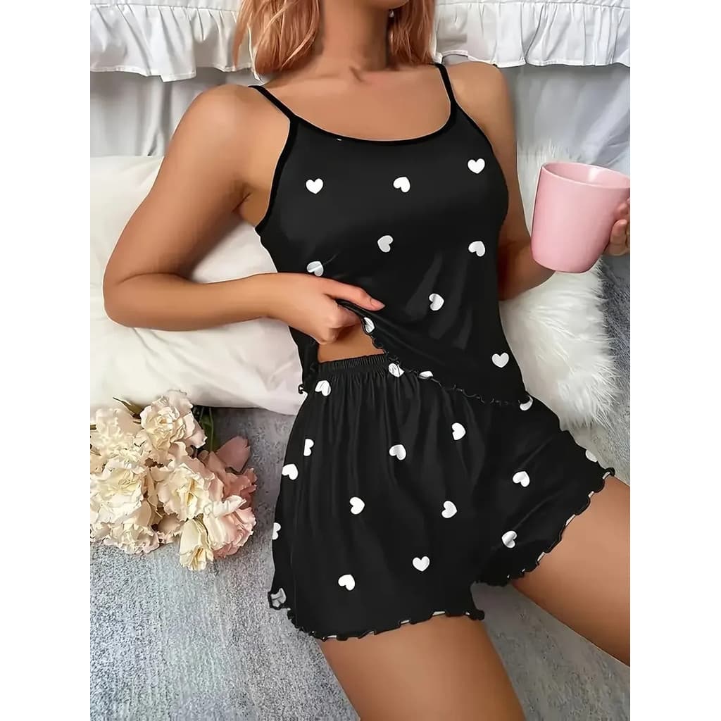 Verão Pijamas Femininos Conjuntos De Pijama De Duas Peças Suspender Coração Impresso Topo E Shorts Roupas Casuais Para C