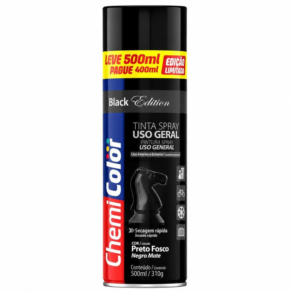 Tinta Spray Chemicolor Preto Fosco 500ml para Pintura e Acabamento