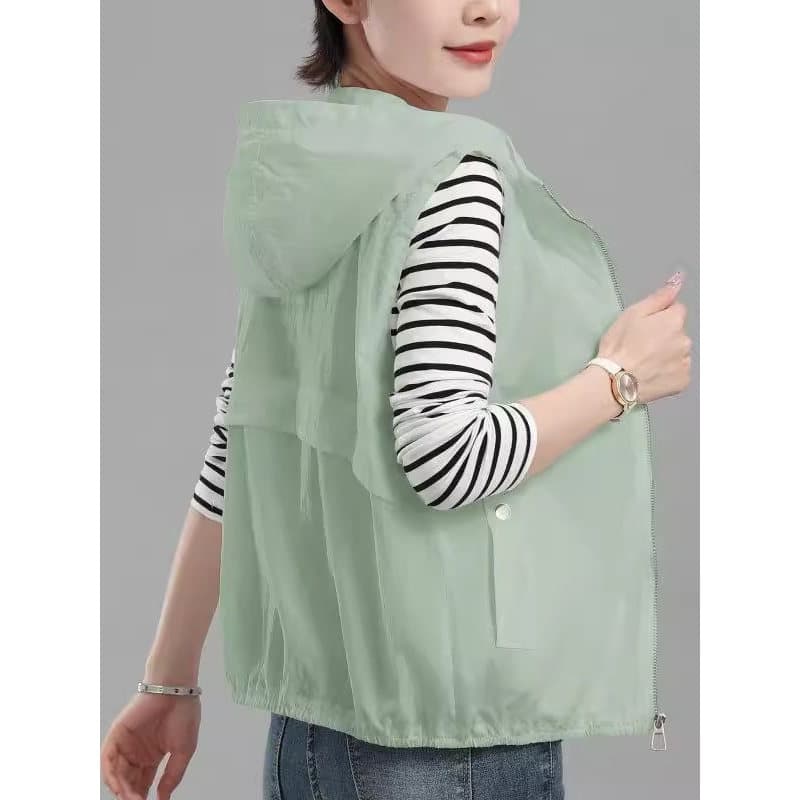 [Com rede respirável] primavera verão estilo fino colete com capuz feminino de meia-idade colete externo estilo moderno