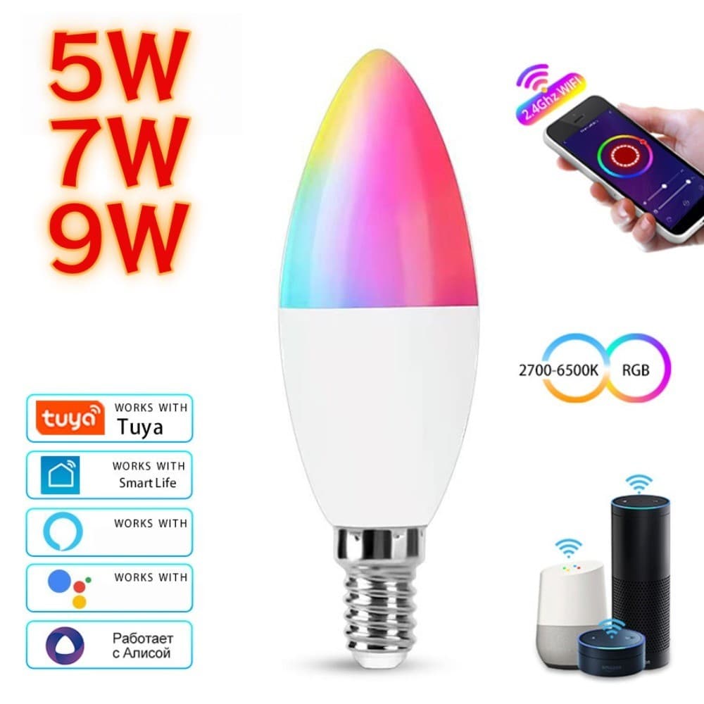 5/7/9W Tuya Inteligente WiFi ZigBee Bluetooth Vela Lâmpadas LED 220V E14 RGB Regulável Lâmpada Funciona Com Controle De